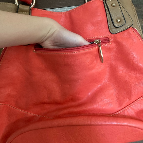 Coral & camel/tan, gold studded, purse. - Picture 6 of 14